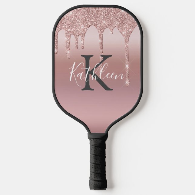 Raquette De Pickleball Rose Gold Monogram Pink Blush Pailleté  (Recto)
