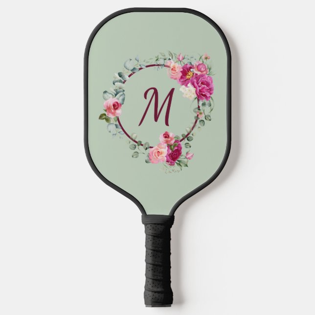 Raquette De Pickleball Rose + Vert Aquarelle Florale Monogramme initial (Recto)