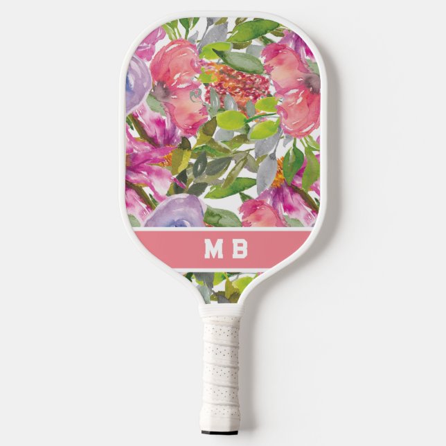 Raquette De Pickleball Rose violet Aquarelle Fleurs Feuilles Monogramme (Verso)