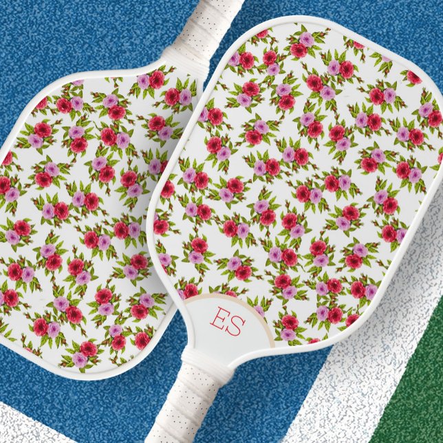 Raquette de pickleball rouge et rose à motif flora (Créateur téléchargé)