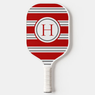Raquette De Pickleball Rouge vif et gris moderne monogramme rayé