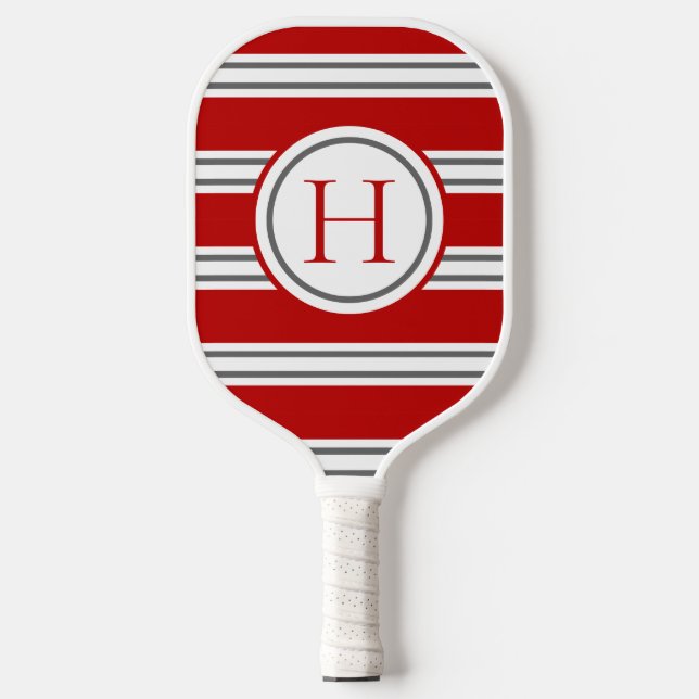 Raquette De Pickleball Rouge vif et gris moderne monogramme rayé (Recto)