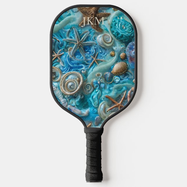 Raquette De Pickleball Sable Aqua apaisant, Surf & Starfish Monogramme (Recto)