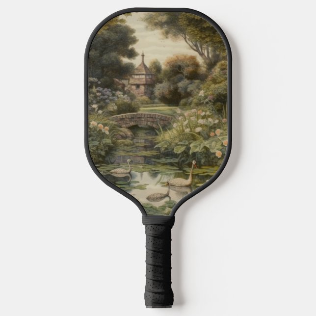 Raquette De Pickleball Scène botanique de cygnes dans un jardin anglais (Recto)