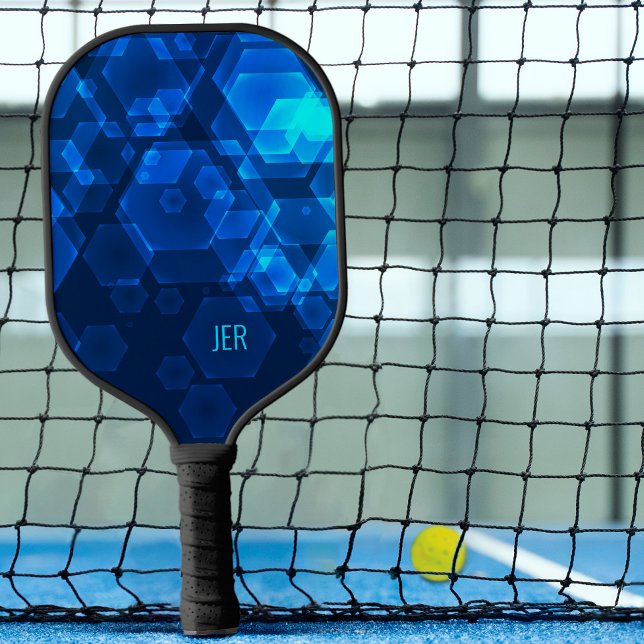 Raquette De Pickleball Sci-fi Cool Hexagone Abstrait Monogrammé Bleu Tech (Créateur téléchargé)