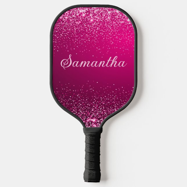 Raquette De Pickleball Script de nom pailleté rose chaud argenté (Verso)