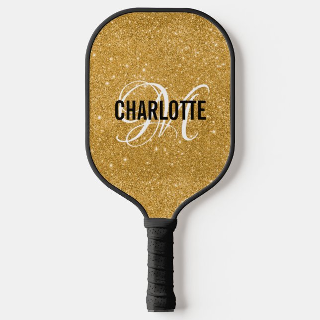 Raquette De Pickleball Script de parties scintillant en or rose nom monog (Recto)