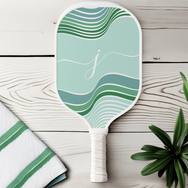 Raquette De Pickleball Script élégant Monogramme Abstrait Retro Green Wav (Stylish Script Monogram Abstract Retro Green Wavy Pickleball Paddle)