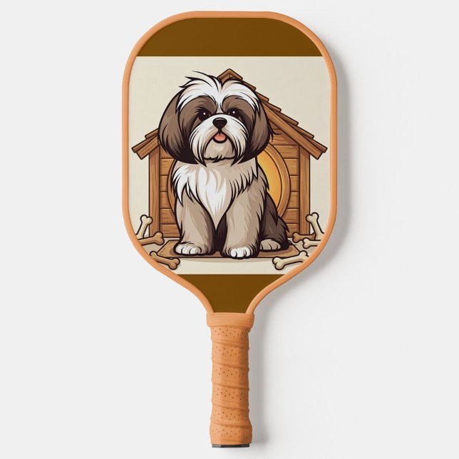 Raquette De Pickleball Shih Tzu Art  (“Fluffy pup pickleball paddle with cute doghouse art.)