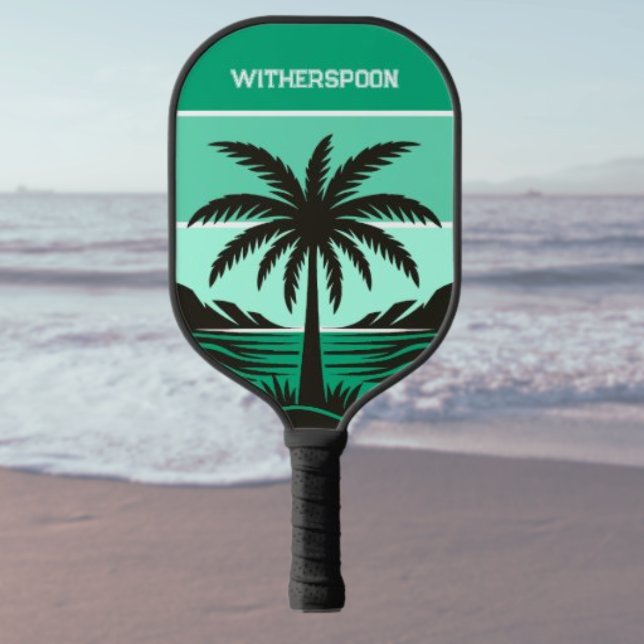 Raquette De Pickleball Silhouette de palmier, monogramme tropical vert (Créateur téléchargé)
