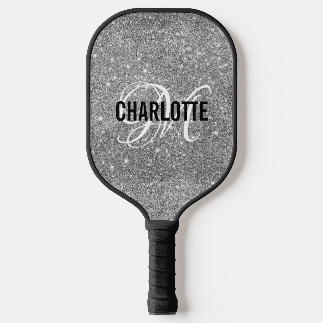 Raquette De Pickleball Silver glitter white script monogram name (Recto)