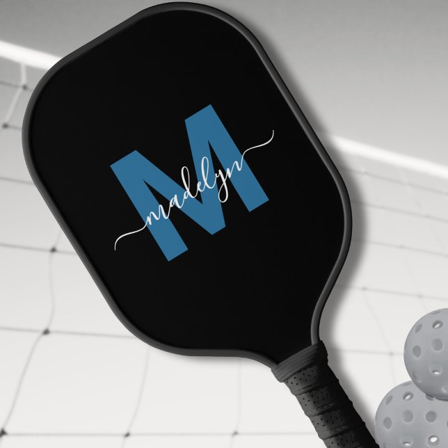 Raquette De Pickleball Simple Black Blue Lettre Nom Monogramme (Simple Black Blue Letter Name Monogram Pickleball Paddle)