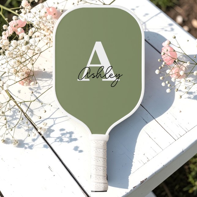 Raquette De Pickleball Simple Monogramme Initiales Vert Sauge  (Créateur téléchargé)