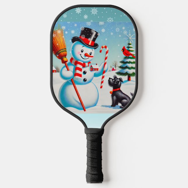 Raquette De Pickleball Snowman Rétro, Chien Maigre, Cardinal Rouge Et Arb (Recto)