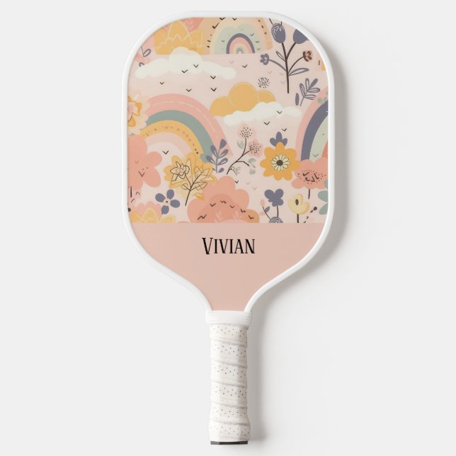 Raquette De Pickleball Soft Peach Whimsy Boho Rainbow Floral Personnalisé (Recto)