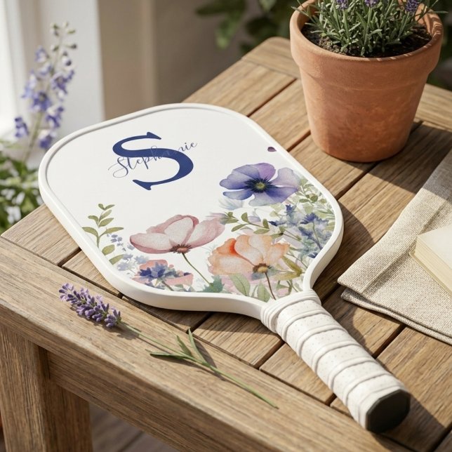 Raquette De Pickleball Soft Watercolor Wildflowers – Feminine Pickleball  (Floral monogram pickleball paddle)
