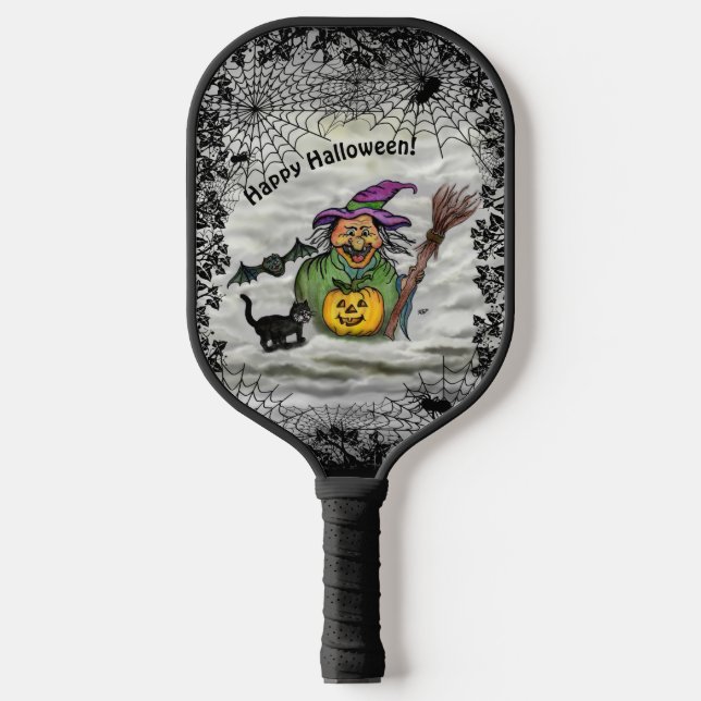Raquette De Pickleball Sorcière, Chat, Chat et Citrouille, Bonne Hallowee (Recto)