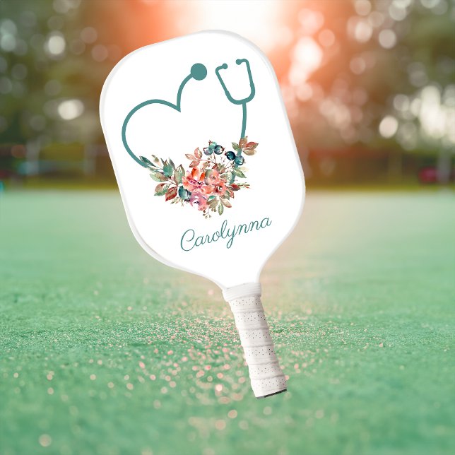 Raquette De Pickleball Stethoscope floral Coeur Infirmière Médicale Aide  (Floral Stethoscope Heart Medical Nurse Caregiver Pickleball Paddle)