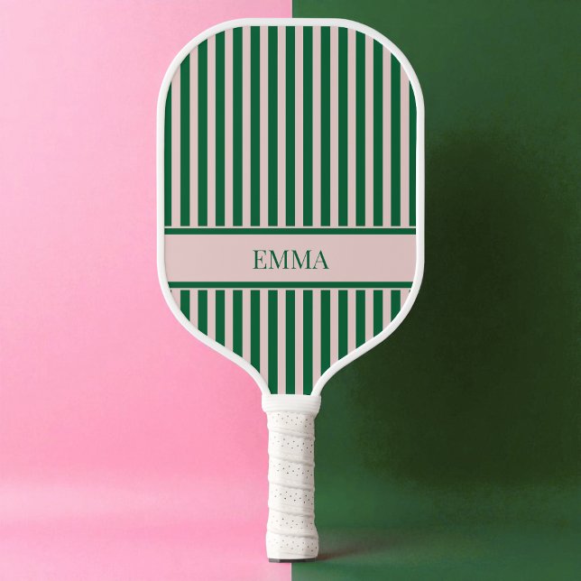 Raquette De Pickleball Stipes vertes et roses Nom personnalisé moderne (Green and Pink Stipes Modern Personalized Name Pickleball Paddle)