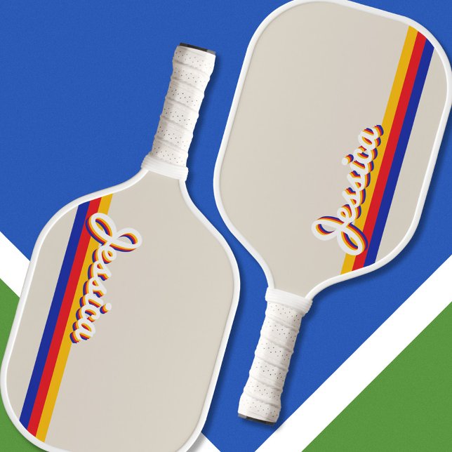 Raquette De Pickleball Stripes rétro Script Nom personnalisé Monogramme (Créateur téléchargé)