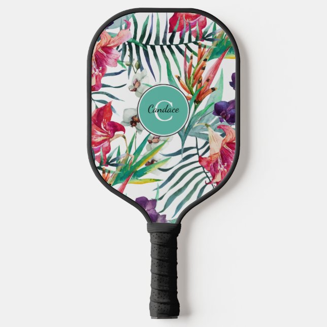 Raquette De Pickleball Style île Motif tropical avec Monogramme (Recto)