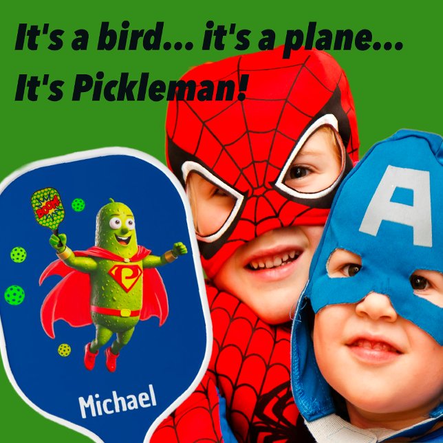 Raquette De Pickleball Super Pickleman sur Blue Personnalisé (It's Super Pickleman! Fun and Humorous Design for all ages, especially our younger players!)