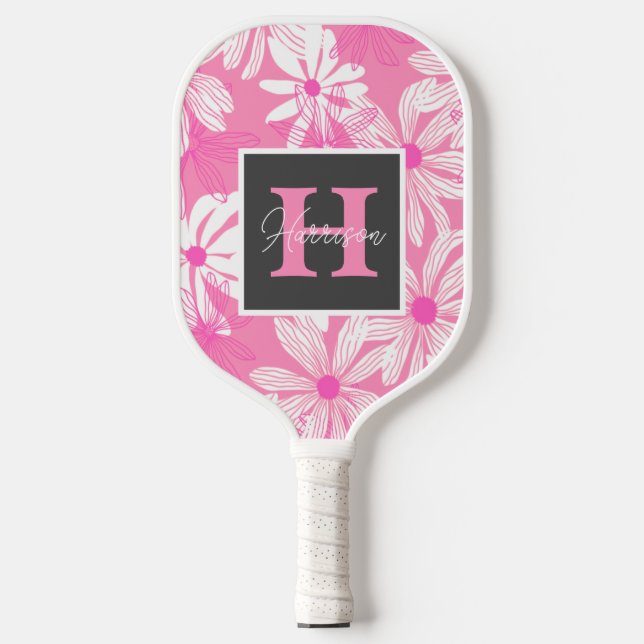 Raquette De Pickleball Super rose floral Monogramme & nom Personnalisé (Recto)