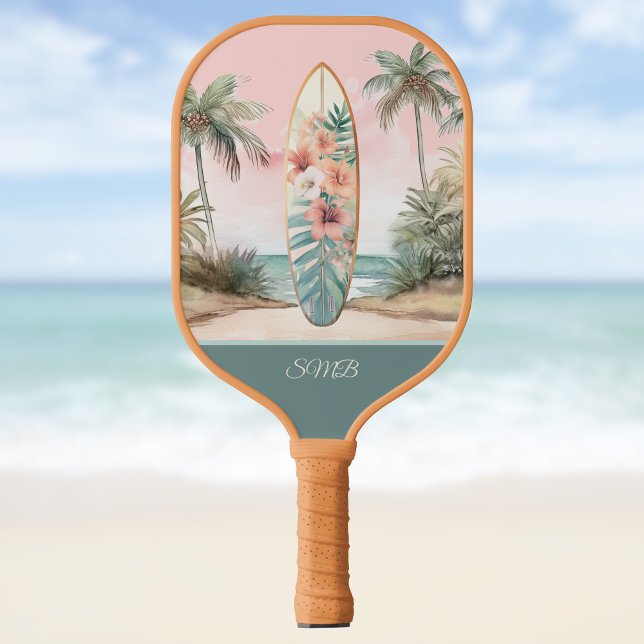 Raquette De Pickleball Surfboard Tropical Island Floral Teal Initials (Créateur téléchargé)