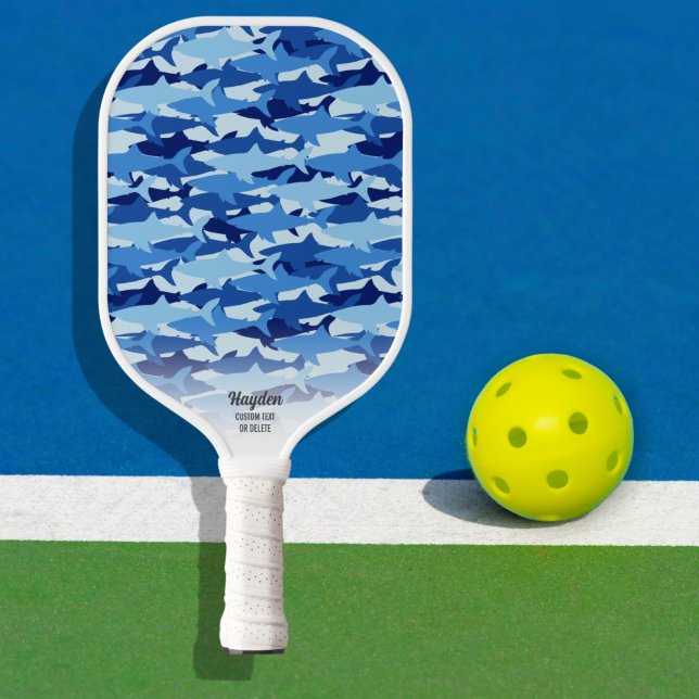 Raquette De Pickleball Texte personnalisé Motif de requins bleus (Créateur téléchargé)