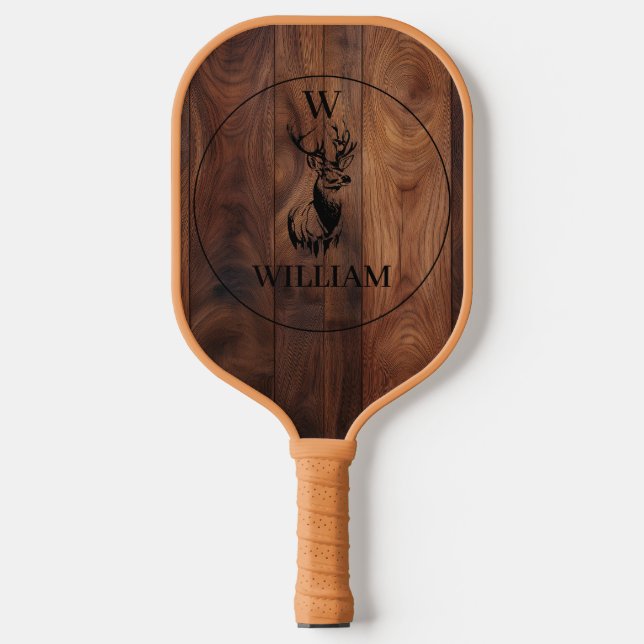 Raquette De Pickleball Texture en bois rustique et monogramme de cerfs su (Recto)