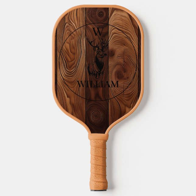 Raquette De Pickleball Texture en bois rustique et monogramme de cerfs su (Recto)