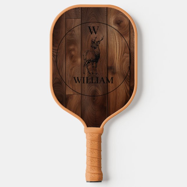 Raquette De Pickleball Texture en bois rustique et monogramme de cerfs su (Recto)
