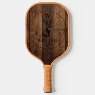 Raquette De Pickleball Texture en bois rustique et monogramme de cerfs su