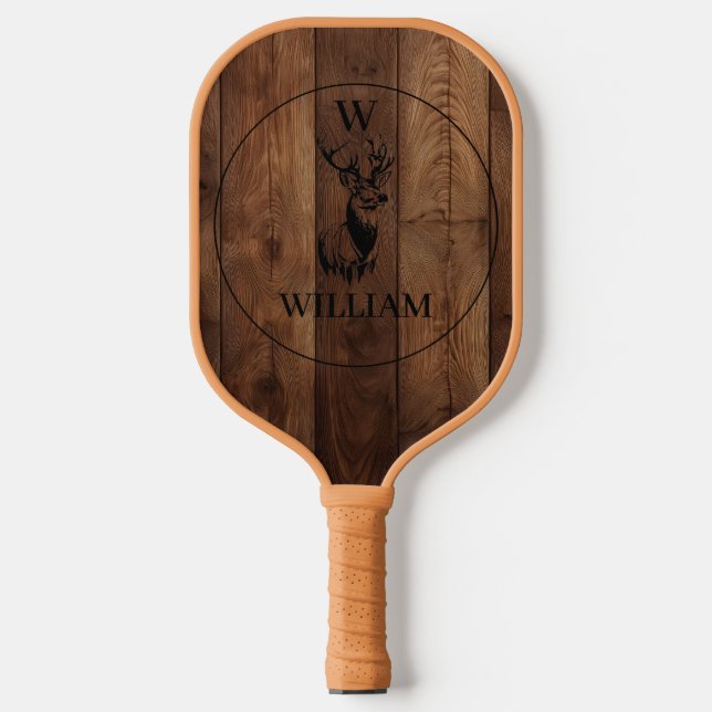 Raquette De Pickleball Texture en bois rustique et monogramme de cerfs su (Recto)