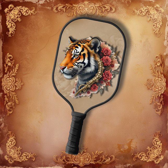 Raquette De Pickleball Tigre de Steampunk avec illustration Rose. (Créateur téléchargé)