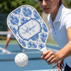 Raquette De Pickleball Toile de Jouy Bleue Française Motif Damassé Nom Mo