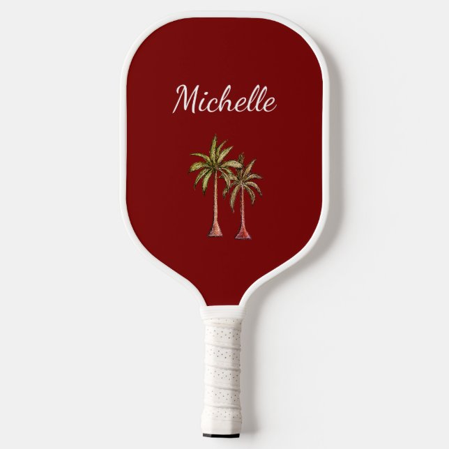 Raquette De Pickleball Tropical Beach Palm Trees Script Rouge Bourgogne (Verso)