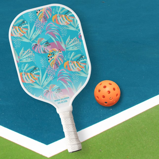 Raquette De Pickleball Tropical Palm Tree Leaf Motif Custom Name Téléphon (Créateur téléchargé)