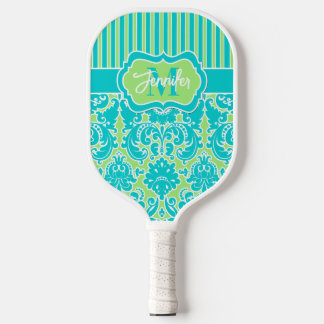 Raquette De Pickleball Turquoise personnalisé, Lime Damask, Stripes Monog