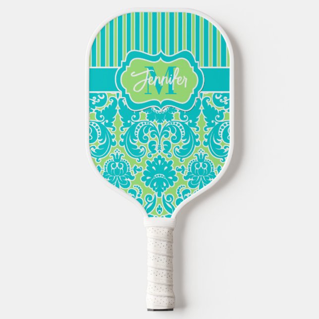 Raquette De Pickleball Turquoise personnalisé, Lime Damask, Stripes Monog (Recto)
