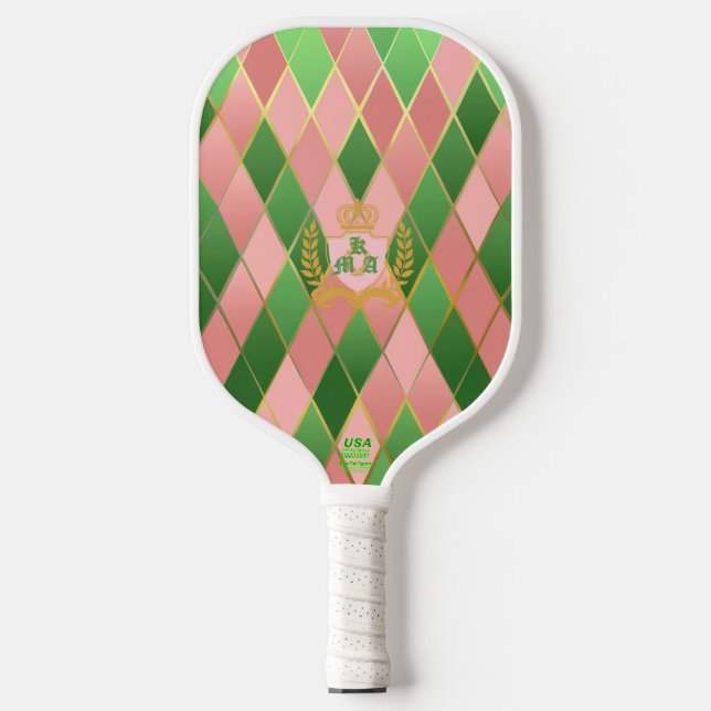 Raquette De Pickleball Ultra Chic Prépa Rose Vert Argyle Monogramme Blaso (Recto)