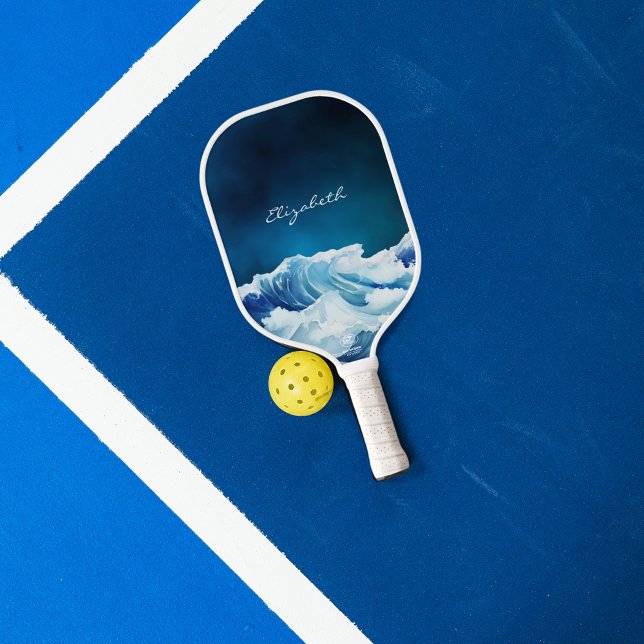 Raquette De Pickleball Vagues océaniques nom bleu marine écriture (Créateur téléchargé)