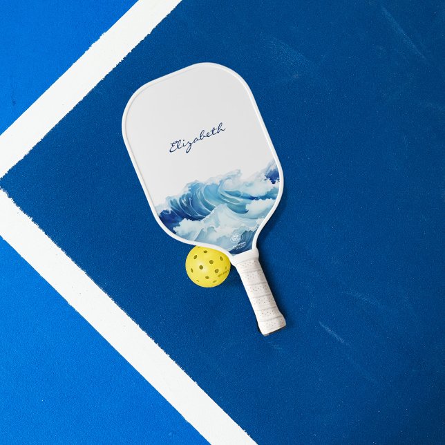 Raquette De Pickleball Vagues océaniques nom écriture bleue (Créateur téléchargé)