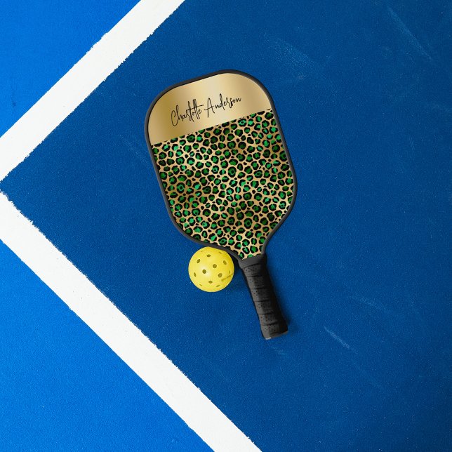 Raquette De Pickleball Vert émeraude or motif léopard nom écriture (Créateur téléchargé)