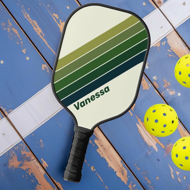 Raquette De Pickleball Vert Rétro cinq Rayures avec Nom (Créateur téléchargé)