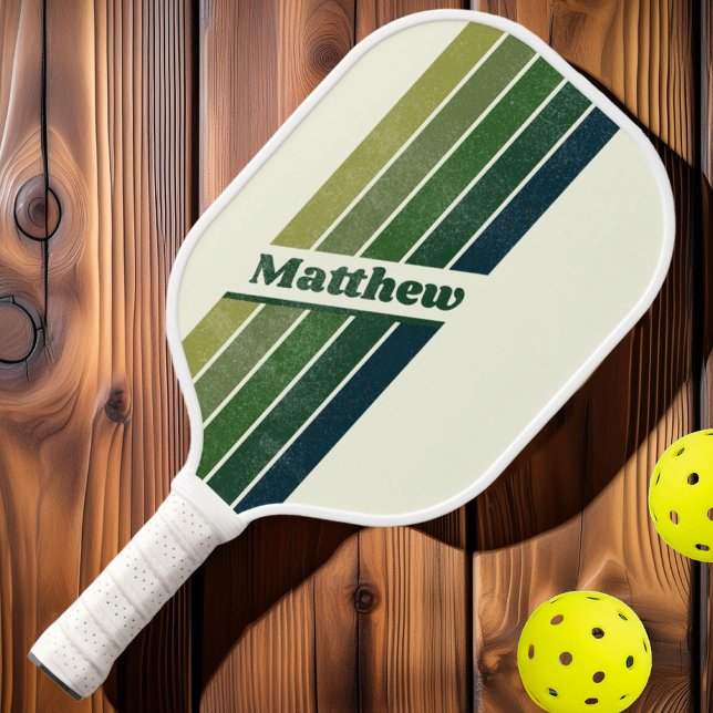 Raquette De Pickleball Vert Rétro Cinq Rayures avec Nom en Distress (Créateur téléchargé)