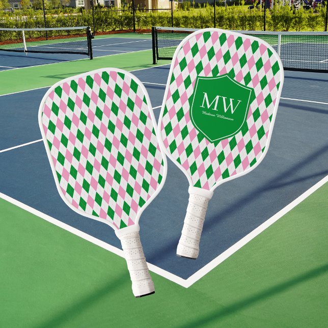 Raquette De Pickleball Vert Rose Argyle Monogramme (Créateur téléchargé)