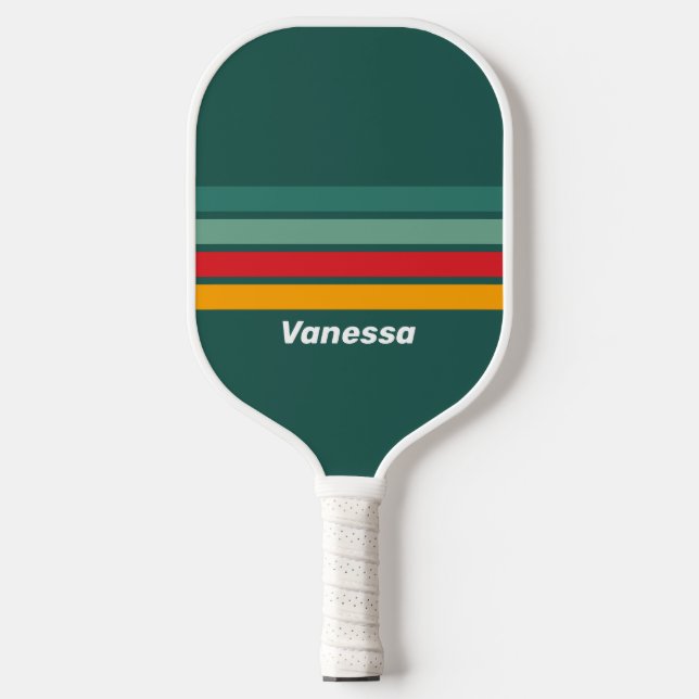 Raquette De Pickleball Vert sur fond rayé avec nom (Recto)