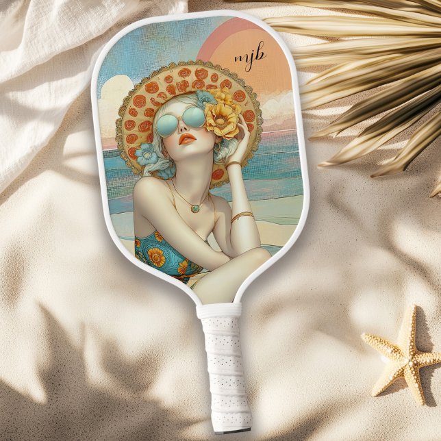 Raquette De Pickleball Vibes de plage d'été de Monogramme Retro Glam (Personalize with your monogram initials.)
