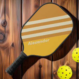 Raquette De Pickleball Vintage Sport Rayures Jaune Moutarde avec Nom